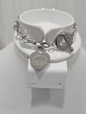 Stainless Steel Heart Charm Toggle Bracelet - Above All Else (Proverb)